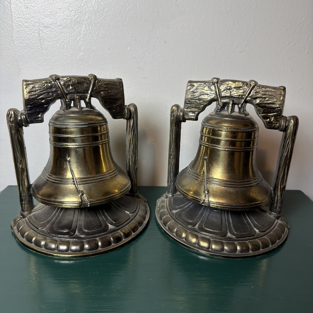 Vintage Brass Coated Cast Metal Liberty Bell Bookends 1974 USA History Academia